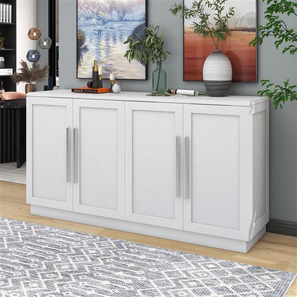 Sideboard with 4 Doors Large Storage Space Buffet Cabinet with Adjustable Shelves and Silver Handles for Kitchen, Dining Room, Living Room (White)