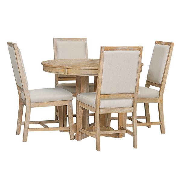 5-Piece Dining Set Extendable Round Table and 4 Upholstered Chairs Farmhouse Dining Set for Kitchen, Dining Room(Natural Wood Wash)