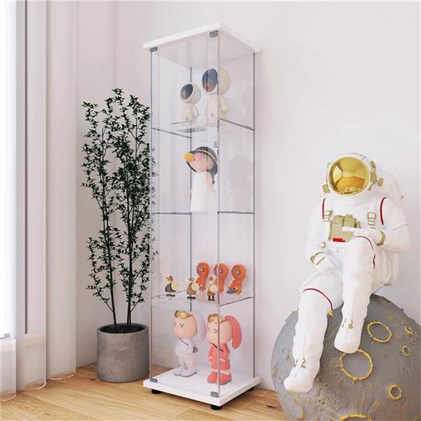 One Door Glass Cabinet Glass Display Cabinet with 4 Shelves, White