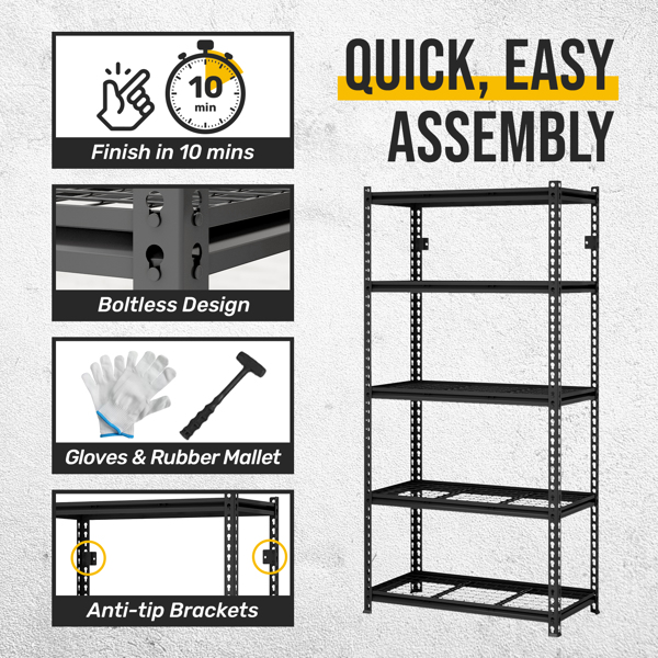 5-Tier  Adjustable Metal Shelving Unit ,Heavy Duty Garage Shelving,Storage Racks,Industrial Utility Shelf,35.4" W x 18 "D x 72''H, Black for Garage, Basement, Warehouse, Workshop,kitchen and so on.