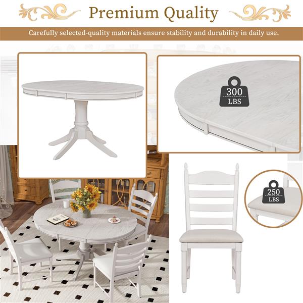 5-Piece Retro Functional Dining Table Set Wood Round Extendable Dining Table and 4 Upholstered Dining Chairs (Antique White)