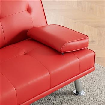 67\\" Red Leather Multifunctional Double Folding Sofa Bed for Office with Coffee Table