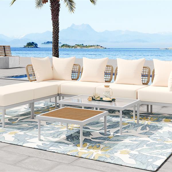 8-Piece Patio Sectional Sofa Set with Tempered Glass Coffee Table and Wooden Coffee Table for Outdoor Oasis, Garden, Patio and Poolside (Beige Cushion + White Steel)