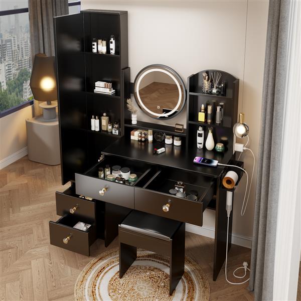 Full Body Mirror Cabinet + Round Mirror LED Vanity Table + Cushioned Stool, With 2 AC + 2 USB Power Station,17" diameter LED Mirror, Touch Control, 3-color, Brightness adjustable, Large desktop