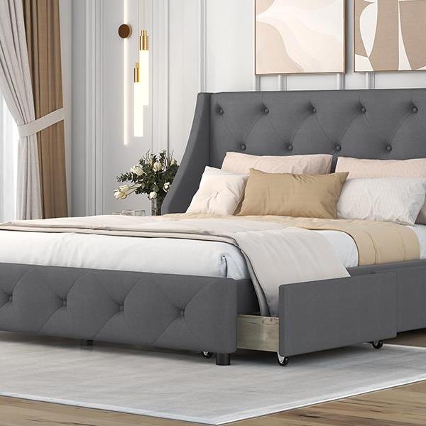 Upholstered Platform Bed with Wingback Tufted Headboard and 4 Drawers, No Box Spring Needed, Linen Fabric, Queen Size Gray