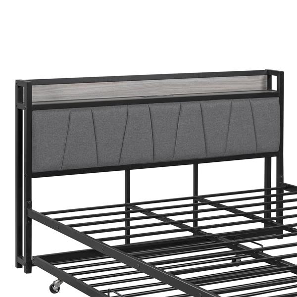 Queen Size Metal Platform Bed Frame with Twin size trundle, Upholstered headboard, Sockets, USB Ports and Slat Support, No Box Spring Needed, Black