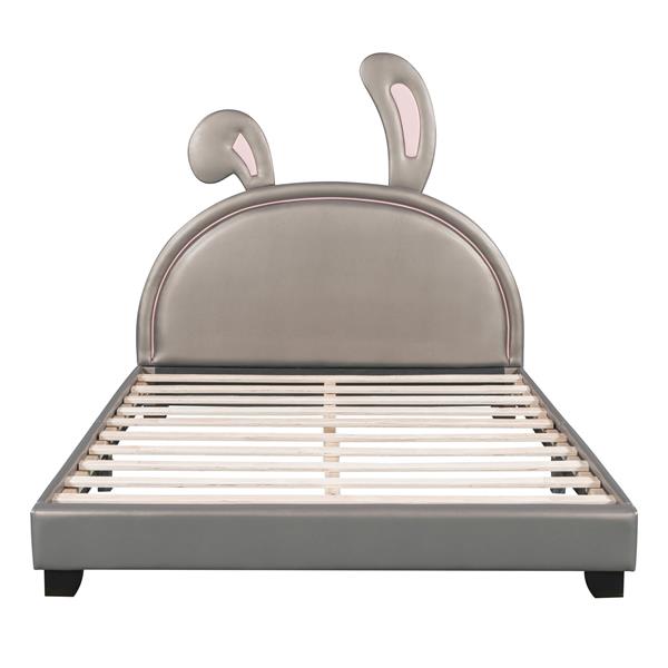 Full Size Upholstered Leather Platform Bed with Rabbit Ornament, Gray