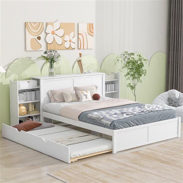 Queen Size Storage Platform Bed with Pull Out Shelves and Twin  XL Size Trundle, White