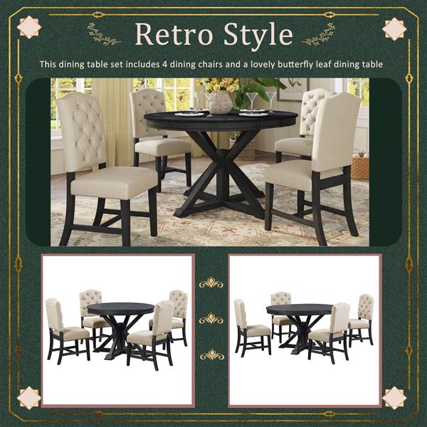 Functional Furniture Retro Style Dining Table Set with Extendable Table and 4 Upholstered Chairs for Dining Room and Living Room(Espresso)