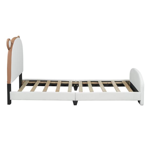 Twin Size Upholstered Platform Bed with Bear-shaped Headboard and Footboard,White+Brown