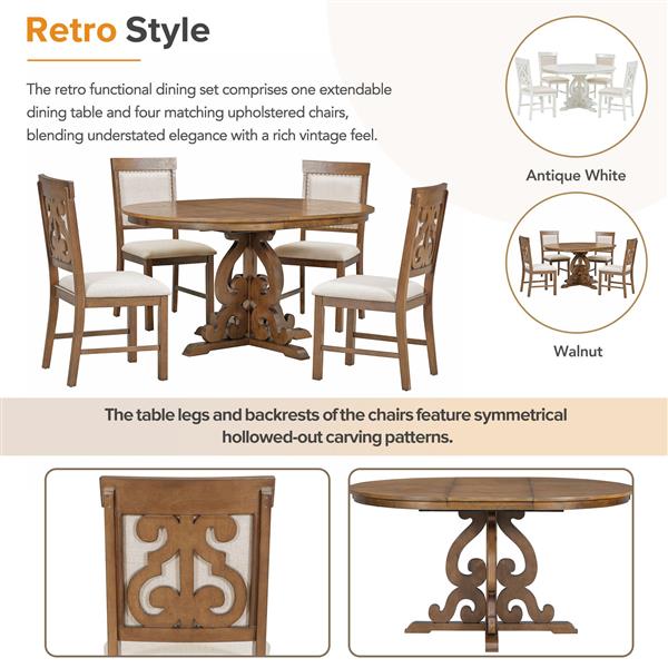 5-Piece Retro Functional Dining Set, 1 Extendable Table with a 16-inch Leaf and 4 Upholstered Chairs for Dining Room and Kitchen (Walnut)