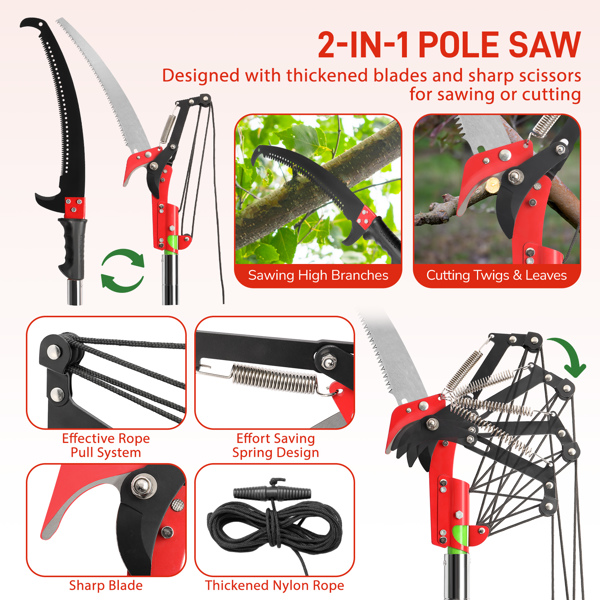 26ft Manual Pole Saw, Lightweight Tree Trimmers Long Handle Pruner Set, Sharp Steel Blade and Scissors Pole Saw for Trimming Palm, Pear Tree, Fir Tree, Other High Trees and Shrubs