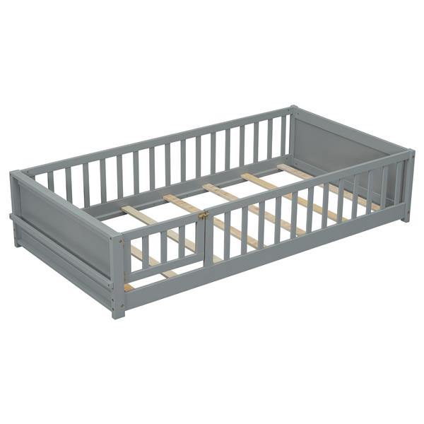 Twin size Floor Platform Bed with Built-in Book Storage Rack, Door,Grey