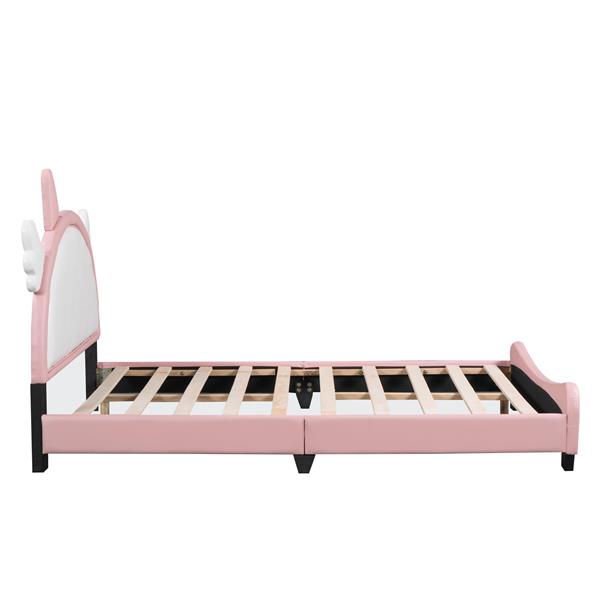 Cute Full size Upholstered Bed With Unicorn Shape Headboard,Full Size Platform Bed with Headboard and Footboard,White+Pink