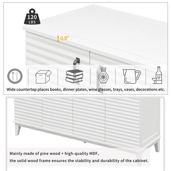 Sideboard with 4 Door Large Storage Buffet with Adjustable Shelves and Metal Handles for Kitchen, Living Room, Dining Room (Antique White)