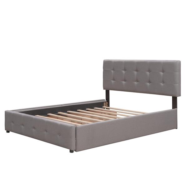 Upholstered Platform Bed with 2 Drawers and 1 Twin XL Trundle,  Linen Fabric, Queen Size - Light Gray