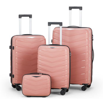 FCH V-shaped stripes 4-piece suitcase with PP handbag PP trolley case 14in 20in 24in 28in PP iron trolley fashionable color - rose gold (grain pattern)