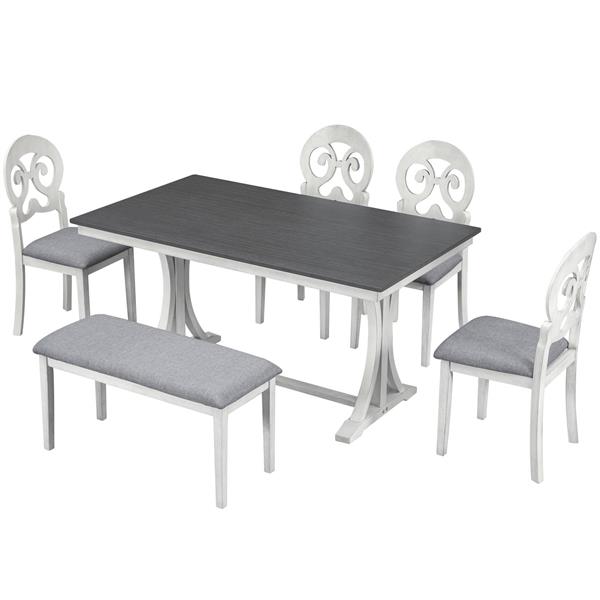 Mid-Century 6-Piece Trestle Table Set with Victorian Round Upholstered Dining Chairs and Long Bench, Gray+Antique White