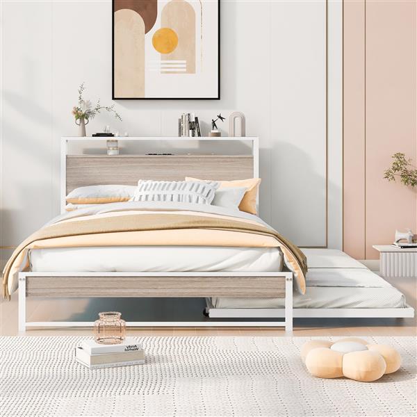 Full Size Metal Platform Bed Frame with Trundle, USB Ports and Slat Support ,No Box Spring Needed White