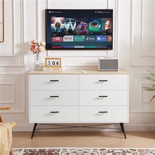 6 Drawer Dresser for Bedroom with Deep Drawers, Wood Dressers & Chest of Drawers, Modern White Long Dressers for Closet Living Room, 47.2"W x 15.7"D x 31.5"H, White & oak