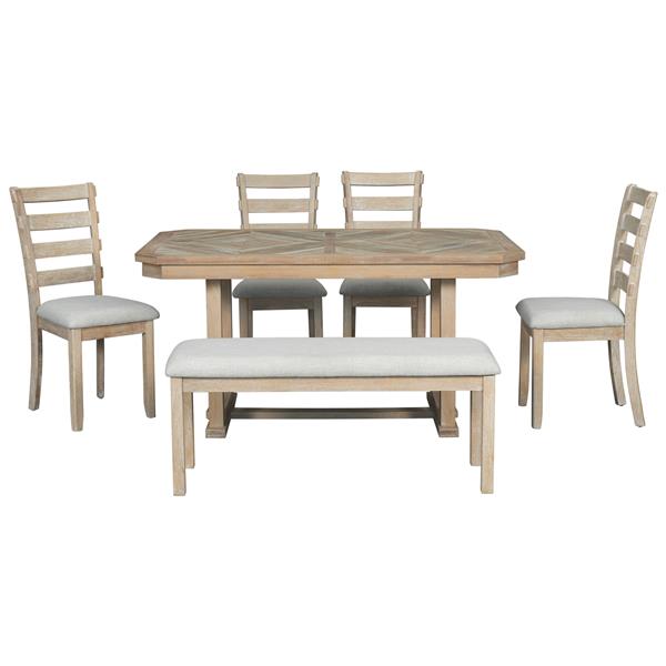 6-Piece Rubber Wood Dining Table Set with Beautiful Wood Grain Pattern Tabletop Solid Wood Veneer and Soft Cushion (Natural Wood Wash)