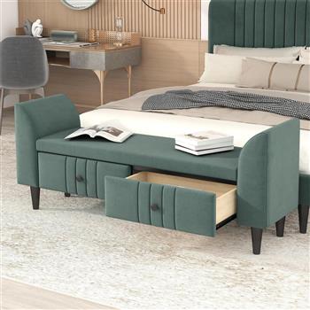 Upholstered Wooden Storage Bench with 2 Drawers For Bedroom,Fully Assembled Except Legs and Handles,Green