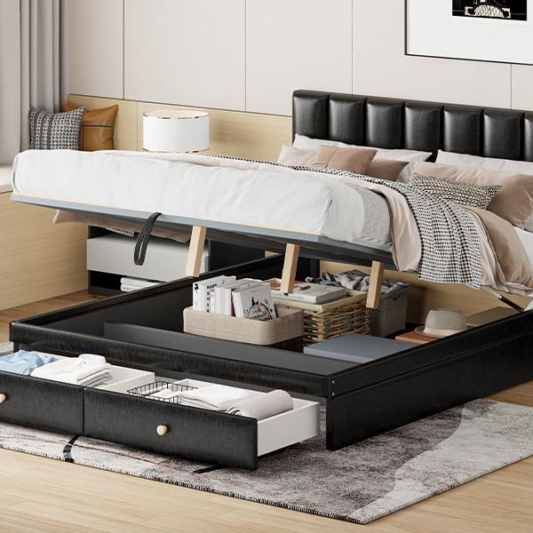 Queen Size Upholstered Bed with Hydraulic Storage System and Drawer, Black