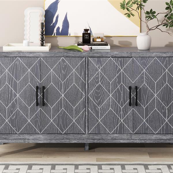 4-door Retro Sideboard with Adjustable Shelves, Two Large Cabinet with Long Handle, for Living Room and Dining Room (Light Gray)