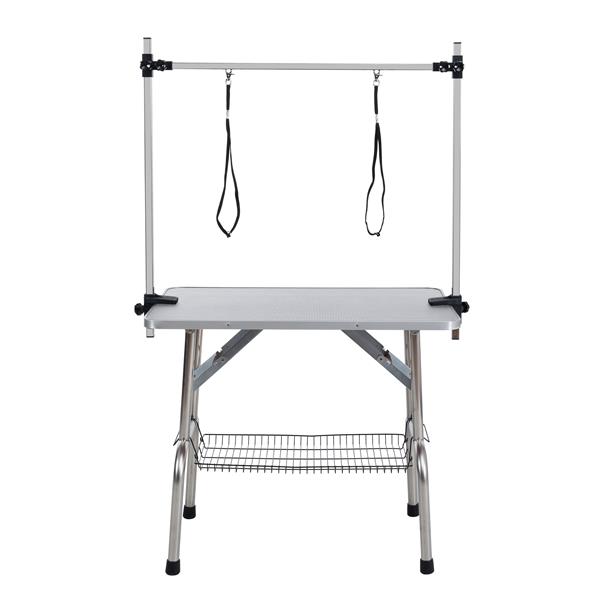 42" Folding Dog Pet Grooming Table Stainless Steel Frame Rubber Mat on Board with Adjustable Arm and Clamps pet dog Cat Grooming Table (SILVER-GRAY COLOR)