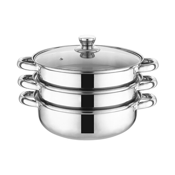 28CM 4PC STEAMER COOKER POT SET PAN COOK FOOD GLASS LIDS 3 TIER STAINLESS STEEL