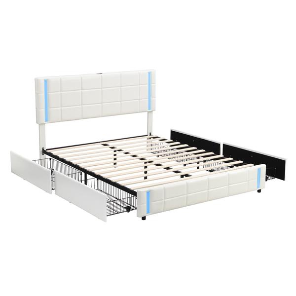 Queen Size Upholstered Platform Bed with LED Lights and USB Charging, Storage Bed with 4 Drawers, White