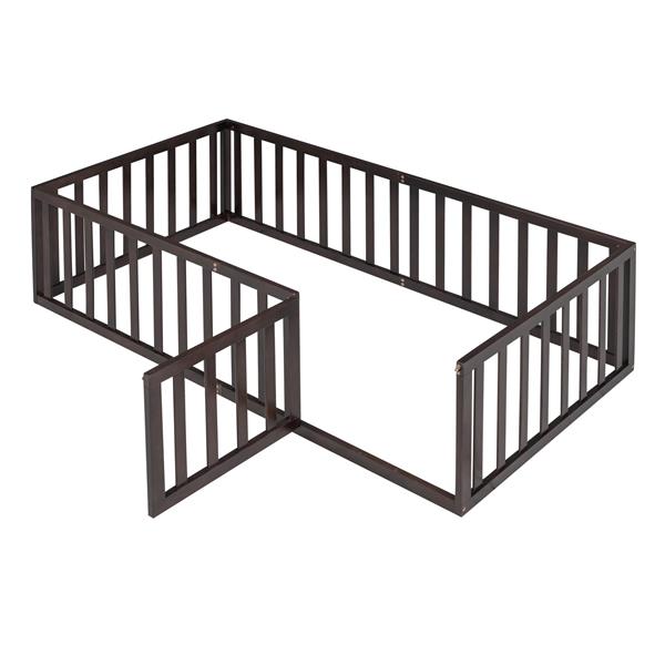 Twin Size Wood Floor Bed Frame with Fence and Door, Walnut(OLD SKU :WF289661AAL)