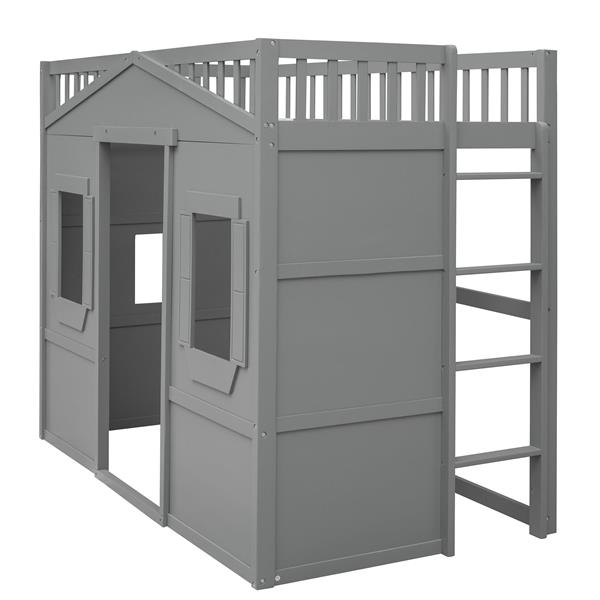 Twin Size House Loft Bed With Ladder-Gray