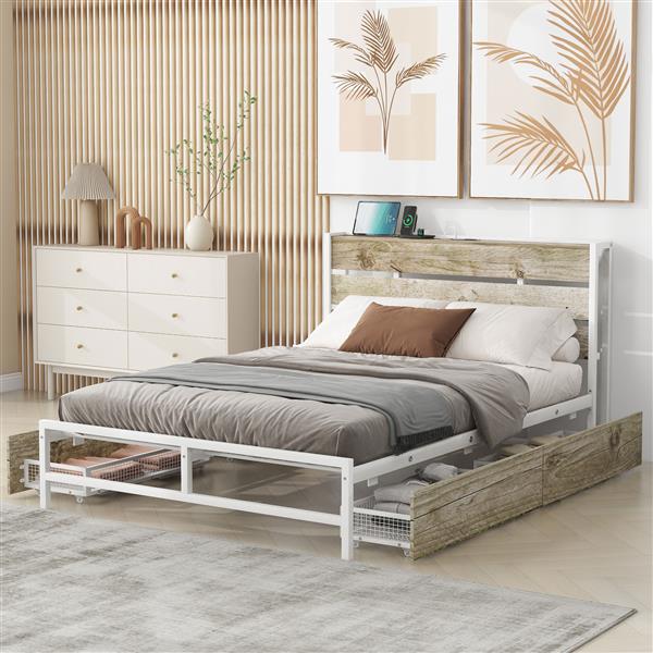 Metal Platform Bed With Four drawers, Sockets and USB Ports, Full, White