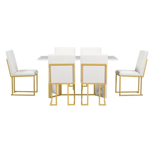 7-Piece Modern Dining Table Set, Artificial Marble Sticker Tabletop and 6 Upholstered Linen Chair All with lden Steel Legs for Dining Room and Kitchen (White + ld)