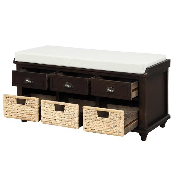 Rustic Storage Bench with 3 Drawers and 3 Rattan Baskets, Shoe Bench for Living Room, Entryway (Espresso)