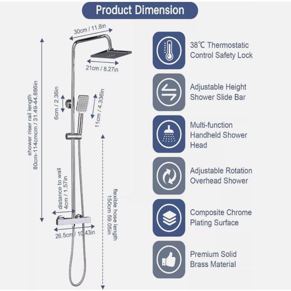 Bathroom Thermostatic Exposed Shower Mixer Twin head Large Square Bar Set Chrome