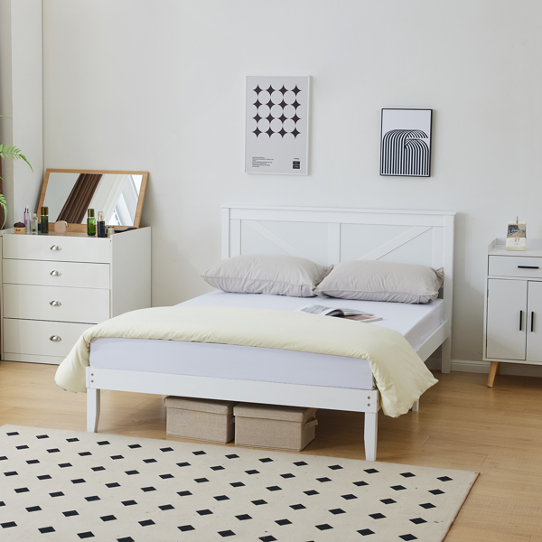 Full Size Solid Wood Platform Bed Frame with Headboard White