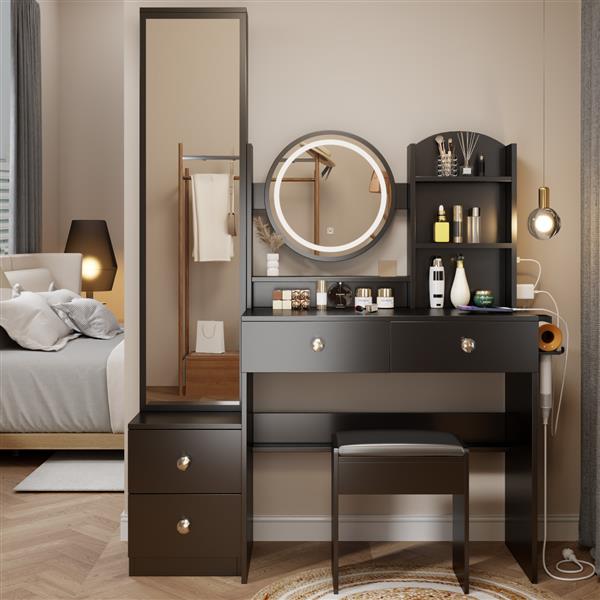 Full Body Mirror Cabinet + Round Mirror LED Vanity Table + Cushioned Stool, With 2 AC + 2 USB Power Station,17" diameter LED Mirror, Touch Control, 3-color, Brightness adjustable, Large desktop