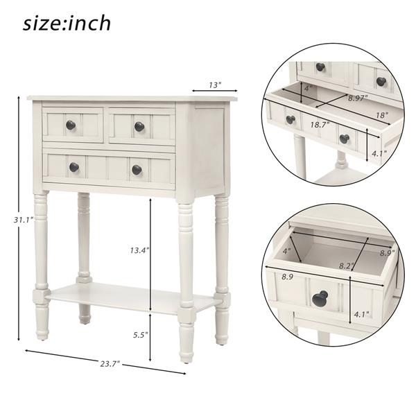 Narrow Console Table, Slim Sofa Table with Three Storage Drawers and Bottom Shelf (Ivory White)