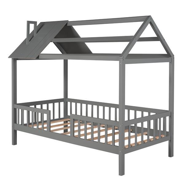 Twin Size Wood House Bed with Fence, Gray