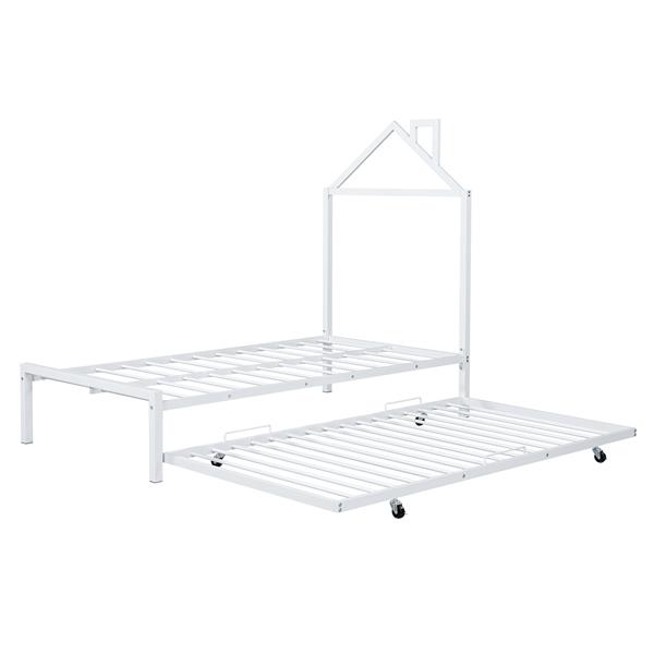 Twin Size Metal Platform Bed with twin size trundle,House-Shaped Headboard Design, White