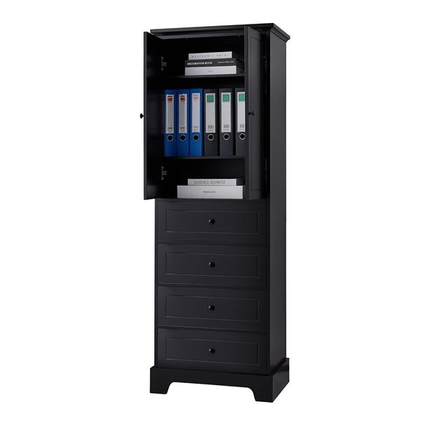 Storage Cabinet with 2 Doors and 4 Drawers for Bathroom, Office, Adjustable Shelf, MDF Board with Painted Finish, Black