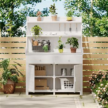 65inch Garden Potting Bench Table, Fir Wood Workstation with Storage Shelf, Drawer and Cabinet, White