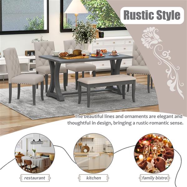 6-Piece Farmhouse Dining Table Set, Rectangular Trestle Table and 4 Upholstered Chairs & Bench for Dining Room (Antique Gray)