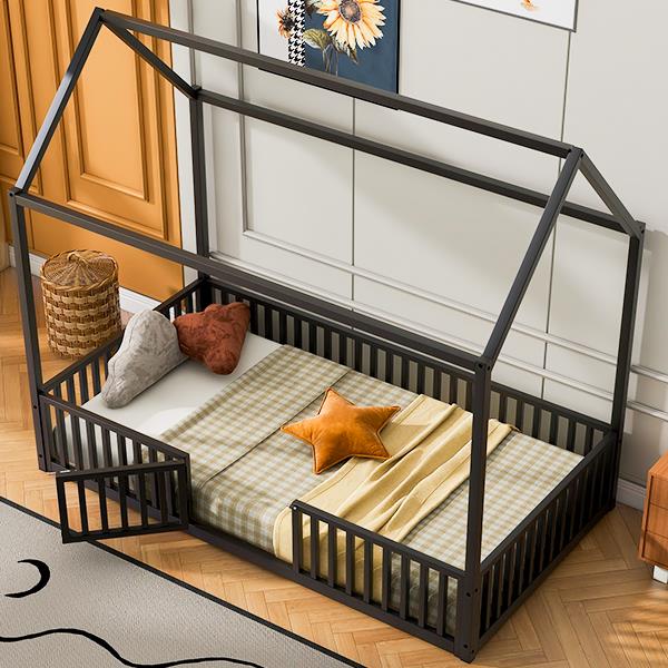 Twin Size Metal House Bed with Fence and Door, Black