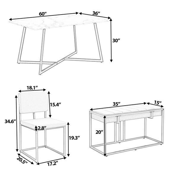 Modern Faux Marble 6-Piece Dining Table Set,60inch Metal Kitchen Table Set with Upholstered Dining Chairs and Bench, Golden