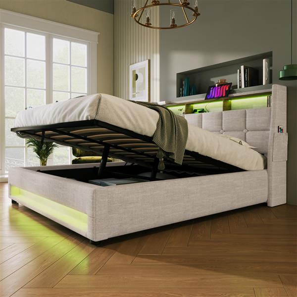 Full size Upholstered Platform bed with a Hydraulic Storage System, LED and USB Charging, Natural (without mattress)