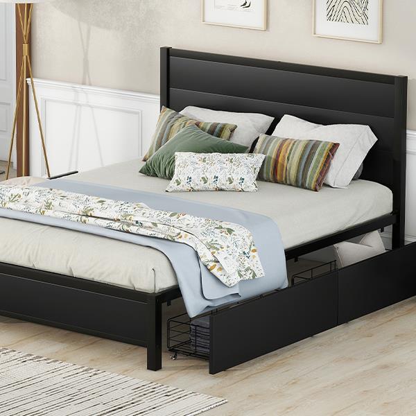 Metal Queen Size Storage Platform Bed with Twin Size Trundle and 2 Drawers, Black