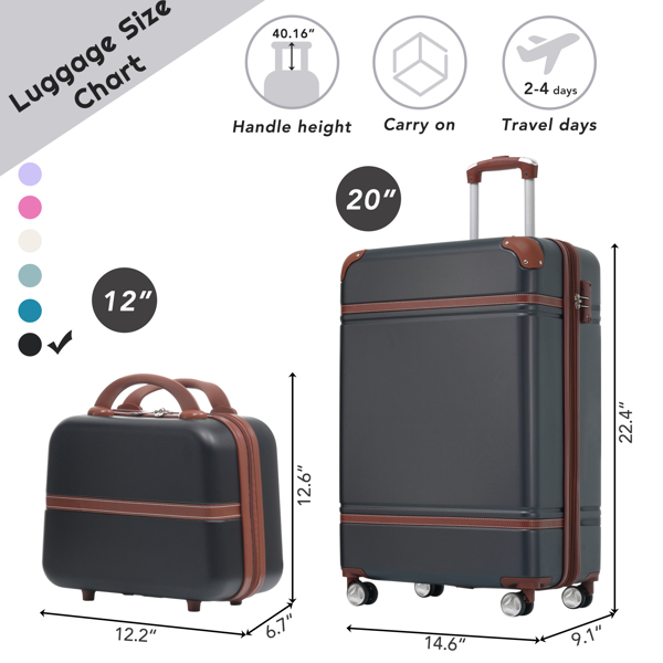 20 IN Hardside Luggage with Cosmetic Case , 2 Piece Lightweight Suitcase Set with Spinner Wheels, Carry on Vintage Luggage,Black 